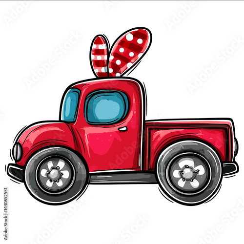 Vector illustration of a red truck with bunny ears side view Bold outline simple and flat style of vector graphics Bright colors and rich details high resolution high quality high de