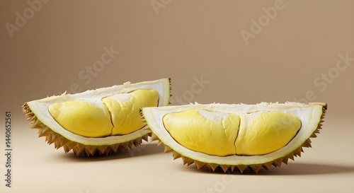 Realistic studio close-up of a freshly opened durian with creamy yellow flesh exposed, placed on a plain matte beige surface, soft shadowing, clean and elegant food photography style.