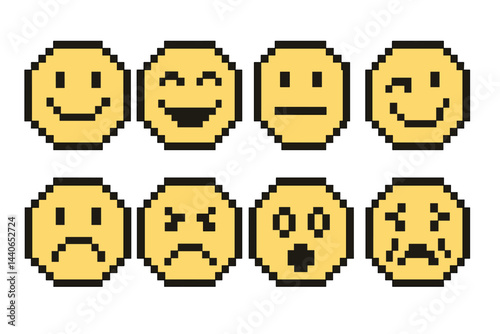 Emoticons expressing different emotions in pixel art style displayed on a white background