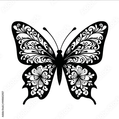 A frontal view of a butterfly with floral patterns on its wings horizontally symmetrical pattern black and white vector illustration designed in a style similar to a flat design vect