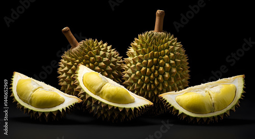 Studio shot of multiple durians artistically arranged with rim lighting, creating sharp highlights and deep shadows against a matte black backdrop, glamorous premium branding style, ultra-realistic 