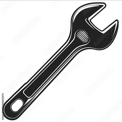 A black and white vector illustration of a wrench designed in a style similar to a flat design vector illustration with no background detail The image is high resolution with sharp o