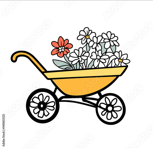 Simple line art a wheelbarrow with flowers in it in a clipart style on a white background a vector design in SVG format with flat black lines