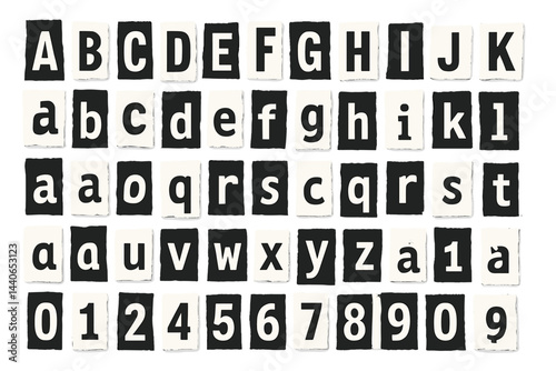Creative arrangement of alphabet letters and numbers on a textured background in black and white showcasing design possibilities