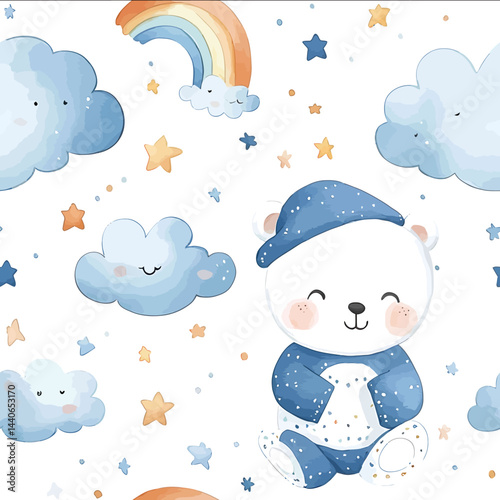 A flat vector pattern design little white bear in pajamas and nightcap clouds rainbows stars watercolor illustrations on white background soft colors soft delicate style cute cartoon