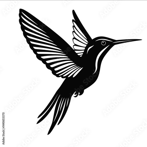 A black and white vector illustration of a hummingbird designed in a style similar to a flat design vector illustration without background details The image is high resolution sharp