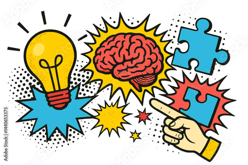 Creative ideas and problem solving with brain, light bulb, and puzzle pieces represented in vibrant colors at a conceptual design