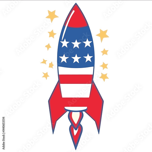 A simple vector logo of an American flagthemed firework rocket white background no shadows no gradients low detail