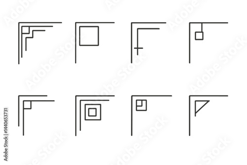 Geometric design patterns with lines and squares showcasing various arrangements and orientations in a minimalist style