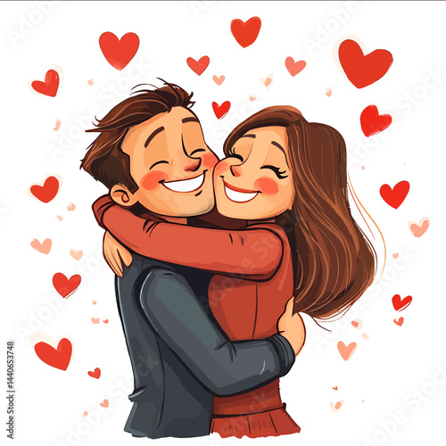Vector cartoon realistic style caricature happy husband hugging his wife tightly hearts exploding in the background all on white background