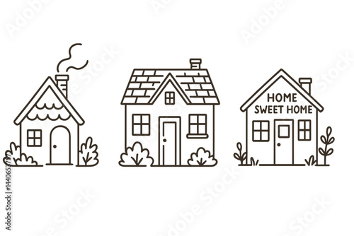 Three charming house illustrations showcasing different architectural styles and cozy designs for a warm home atmosphere