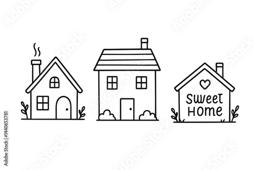 Line art illustration of three charming houses showcasing different designs and the concept of home