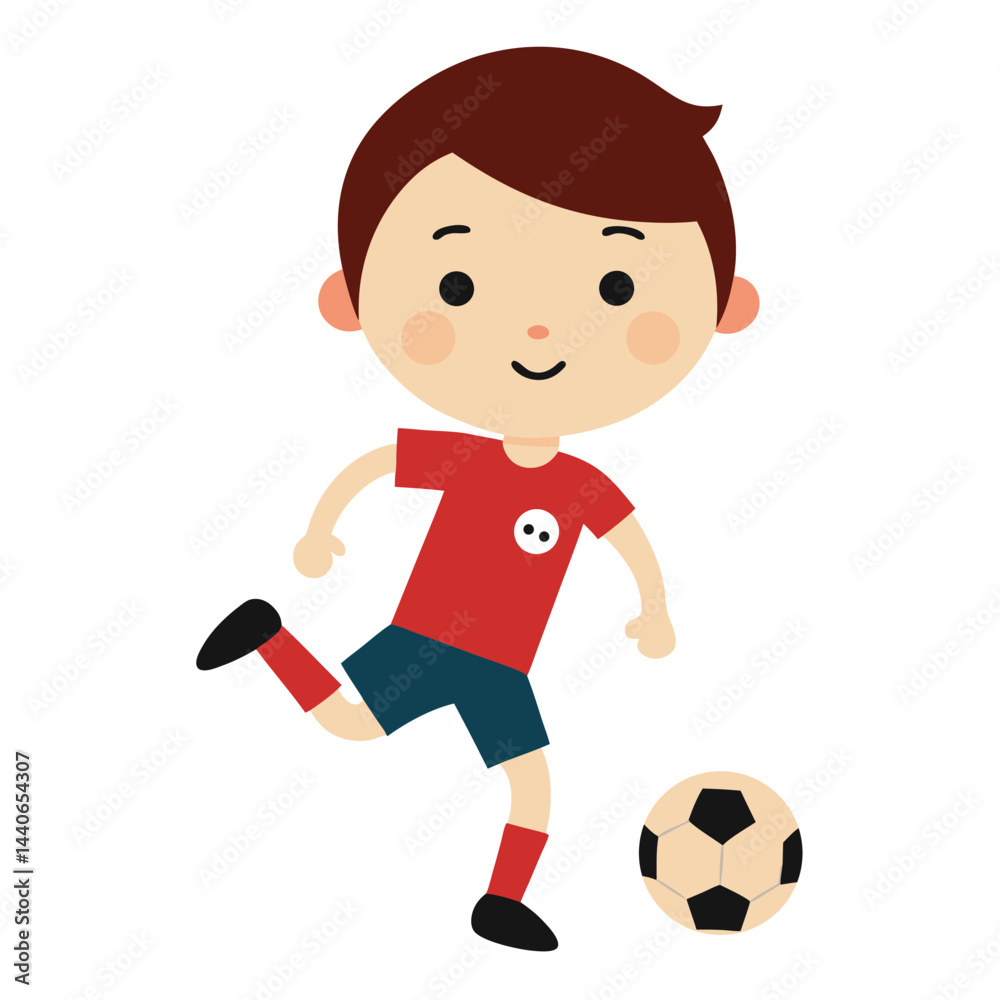Cartoon boy character kicking a soccer ball illustration on white background Cartoon boy character kicking a soccer ball illustration on white background