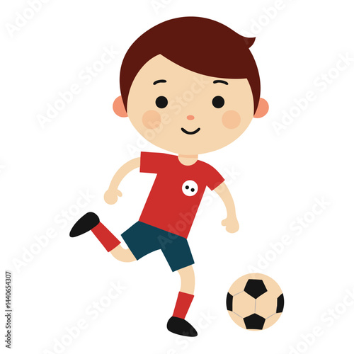 Cartoon boy character kicking a soccer ball illustration on white background
