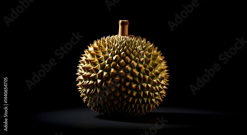 Studio shot of multiple whole durians arranged aesthetically on a neutral gray background, strong side lighting creating textured highlights and deep shadows, minimalist premium product style.