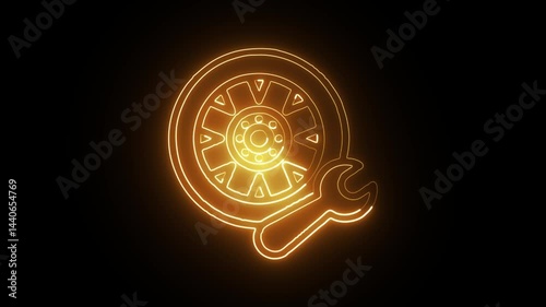 glowing neon tire repair icon isolated, black background, HD motion graphic animation photo