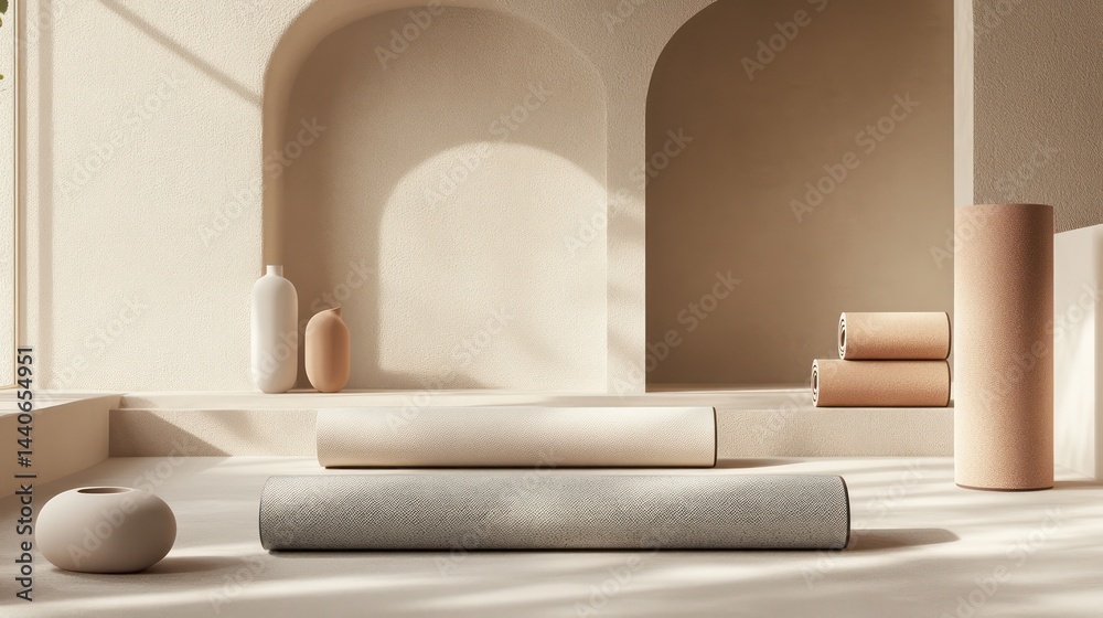 Fototapeta premium A luxurious yoga mat showcased in a brand-focused product shoot, with a carefully arranged studio setup. The lighting introduces gentle