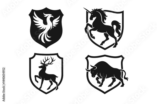 Four distinct heraldic animal designs featuring a phoenix, unicorn, stag, and bull in simple black silhouette style