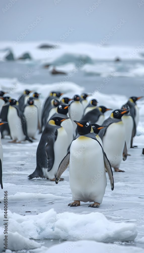 Obraz premium Group of king penguins standing together in cold harmony representing wildlife unity on icy Antarctic landscape with copy space