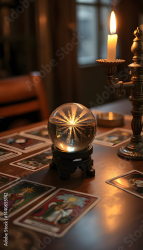 ystical crystal ball and tarot cards on wooden table representing fortune telling and spiritual insight in candlelit setting with copy space