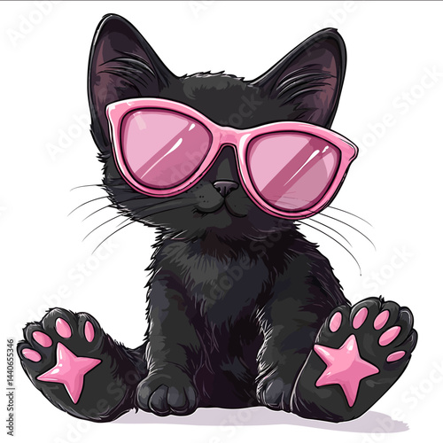 Cartoonrealistic vector illustration in anime style handdrawn black kitty sitting fulllength wearing large sunglasses with pink starshaped frames white backgroun