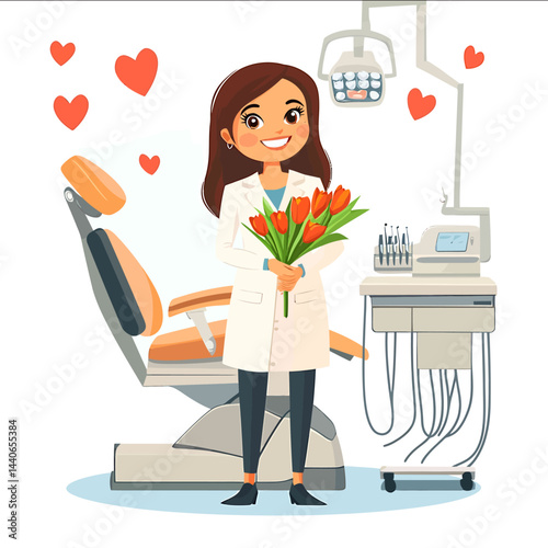 vector cartoonrealistic style dentist girl dressed in a white coat stands with a bouquet of tulips in the background silhouette of a dental office special chair equipment for a denti