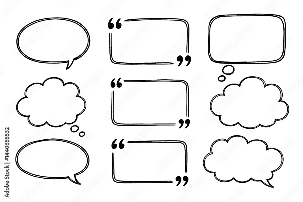 Black and white speech bubbles and quotation marks with different shapes on a white background