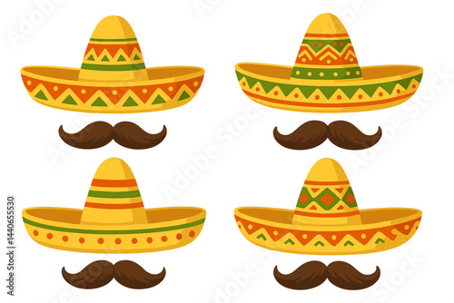 Various colorful sombreros with mustaches displayed together, representing traditional Mexican culture and festive attire