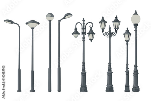 Various styles of street lamps designed for different urban landscapes and architectural themes