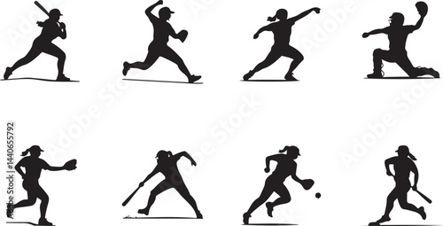 Softball Player Silhouette Icons Collection in Black Vector Style for Sports, Fitness, and Action Designs