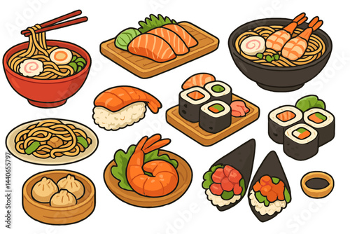Delicious selection of various Japanese dishes showcasing sushi, ramen, and dumplings served in an artistic arrangement