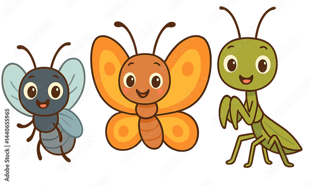 Obraz premium Colorful cartoon insects with smiling faces display their unique features in a cheerful illustration