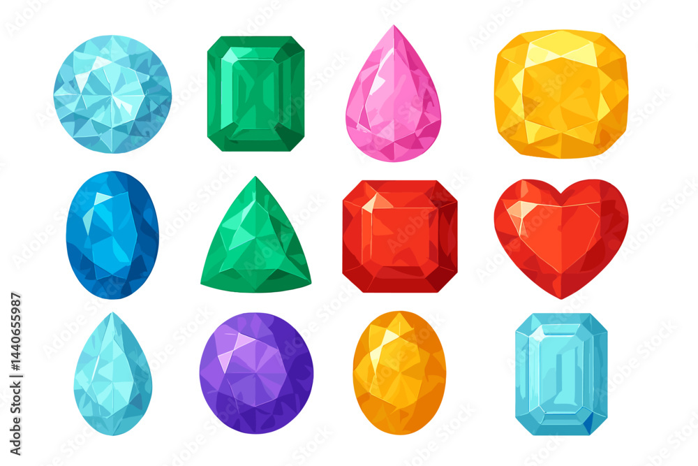 Naklejka premium Various shapes and colors of gemstones arranged in a grid pattern showcasing their unique textures and brilliance