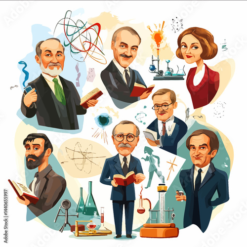 Vector illustration depicting a group of famous Russian scientists representing various fields of science such as physics chemistry biology and mathematics The scientists are illustr