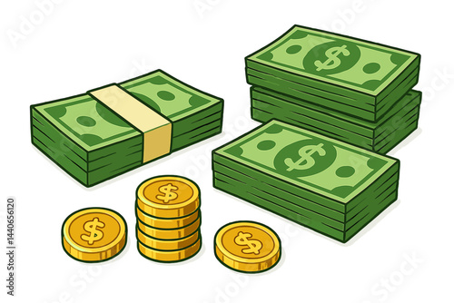 Stacks of cash and coins on a white background showcasing currency and wealth