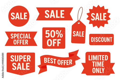 Promotional sale banners in vibrant red with various discounts and offers displayed for customers