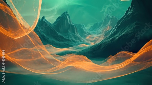 A meticulously composed photograph of an expansive mountain range, seemingly existing within a futuristic room illuminated by organic, flowing light