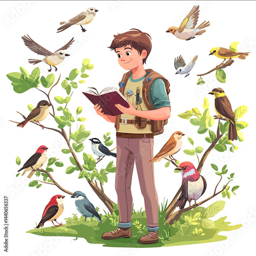 Vector in cartoonrealistic style of a young ornithologist engaged in field research He is standing in nature with a notebook in his hands writing down observations about birds Around