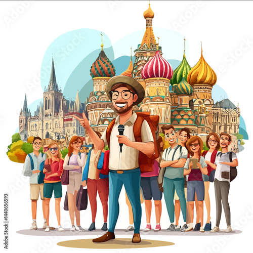 Vector cartoonrealistic illustration of a tour guide showing the sights of the city to a group of tourists He points to famous buildings and monuments he has a microphone in his hand