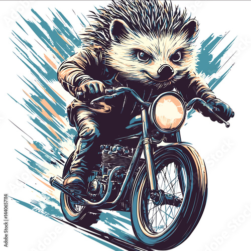 Vector illustration of a hedgehog biker in retro style as on postcards of foreign artists of 1950s The hedgehog is depicted in a biker leather jacket confidently riding his bike stra