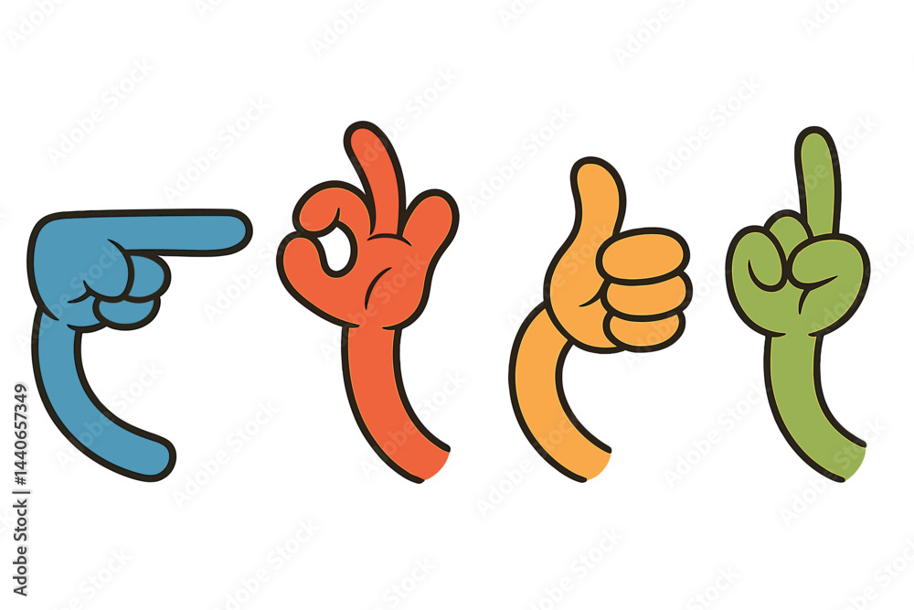 Obraz premium Different hand gestures displayed on a white background represent various meanings and emotions in communication