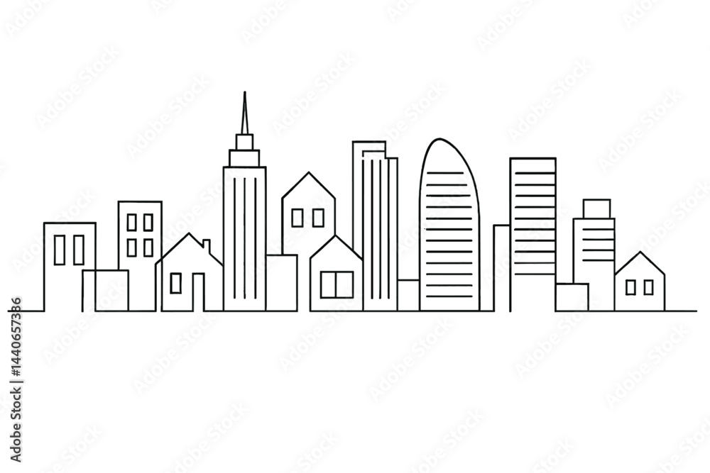 City skyline outline featuring various buildings and architectural styles during a clear day