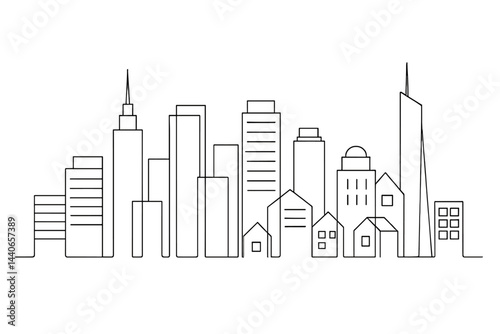 City skyline illustration featuring a mix of modern skyscrapers and traditional houses in a minimalist design