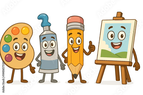 Colorful art characters gather around an easel displaying a landscape during a creative workshop