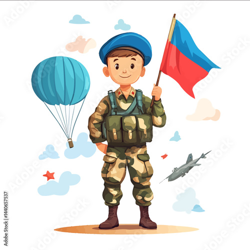 Vector cartoon illustration dedicated to the Defender of the Fatherland Day on February 23 depicts a paratrooper in camouflage uniform and a blue paratrooper beret on his head He pro