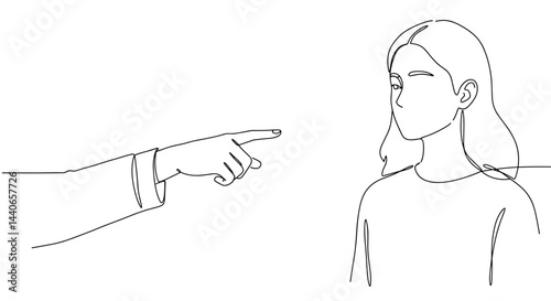 Hand pointing at woman looking serious in minimalist illustration  