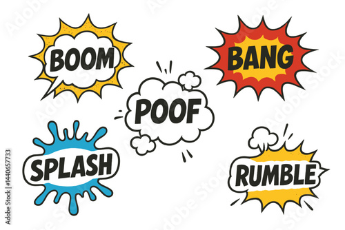 Sound effects in comic style with colorful bursts and playful designs showcasing action words