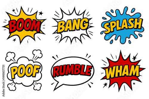 Colorful comic book sound effects bursts showcasing different action words in vibrant styles and colors