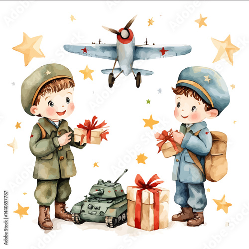 Vector illustration of a 1950s retro style watercolor illustration dedicated to Defender of the Fatherland Day February 23 featuring boys dressed in military uniforms standing with g