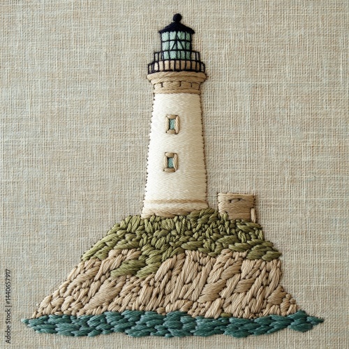 Detailed embroidered lighthouse on fabric with ocean and rock textures photo